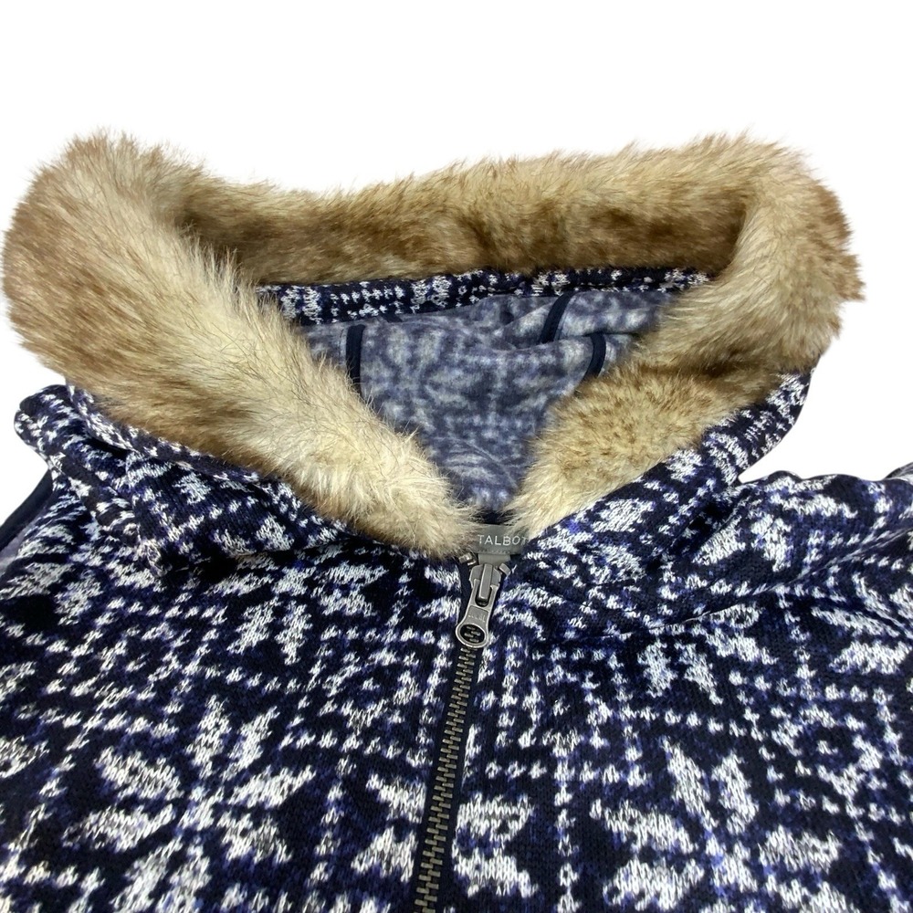 Talbots‎ Knit Vest Full Zip Navy Blue Faux Fur Trim Hood Snow Flake Nordic 2X - Picture 7 of 16